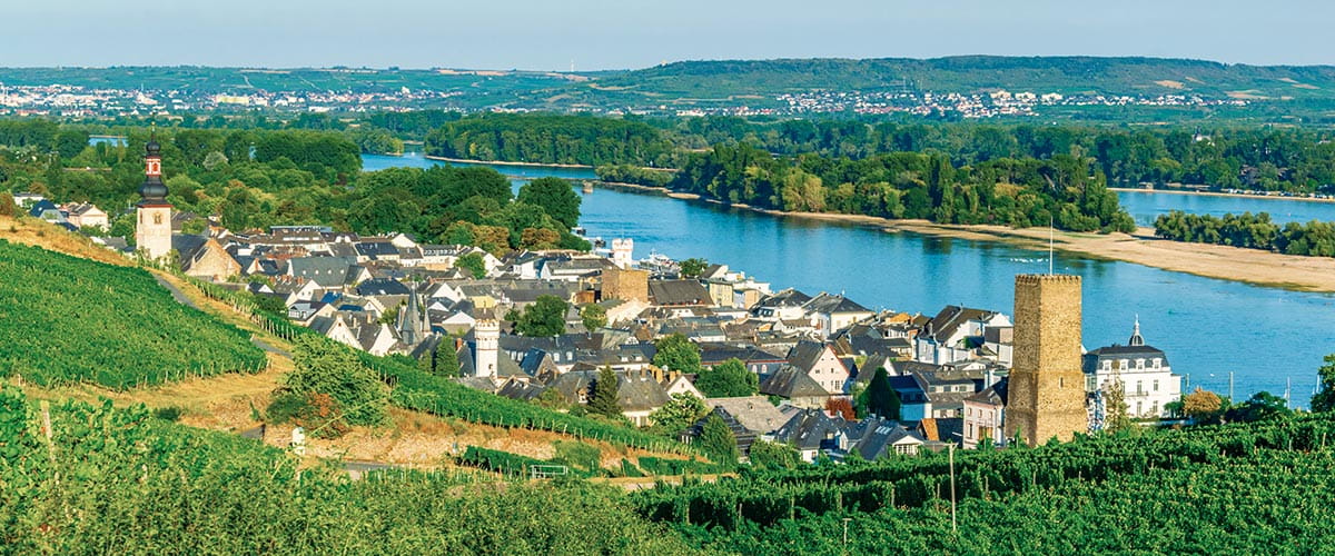 A view over the wine town of Rüdesheim, with the Rhine river